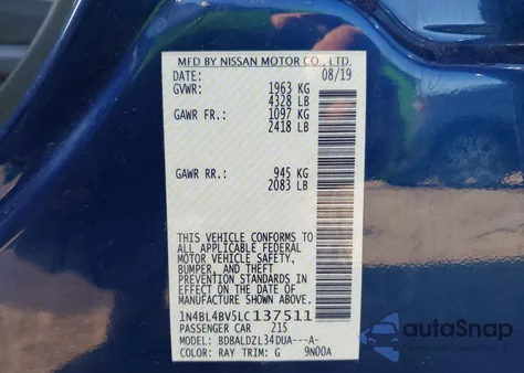 2020 Nissan Altima S Fwd from USA, damaged, VIN 1N4BL4BV5LC137511